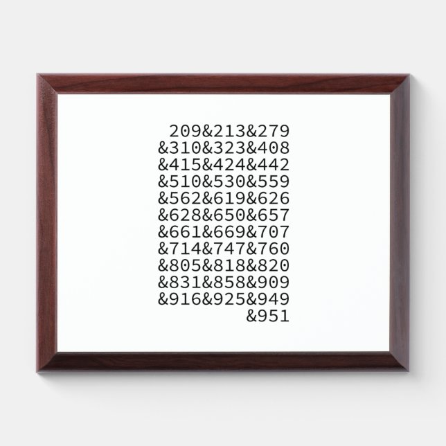 California Area Codes Award Plaque (Horizontal)