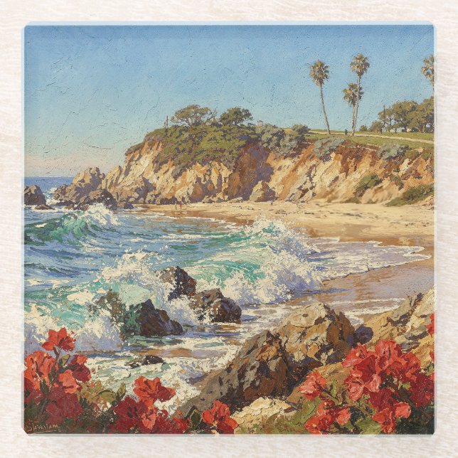  California Beach | Impressionist Coastal Art Glass Coaster (Front)