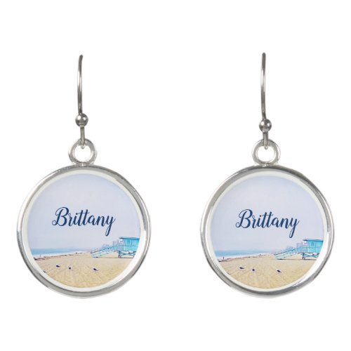 California beach ocean sand seagulls custom name earrings