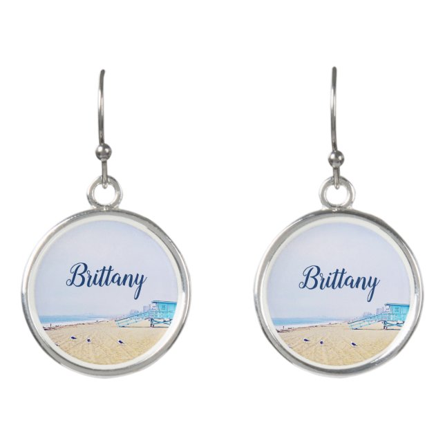California beach ocean sand seagulls custom name earrings (Front)