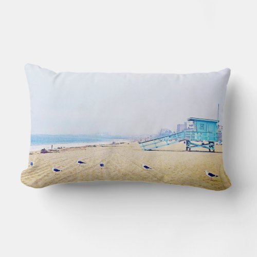 California beach ocean seagulls lifeguard booth lumbar pillow