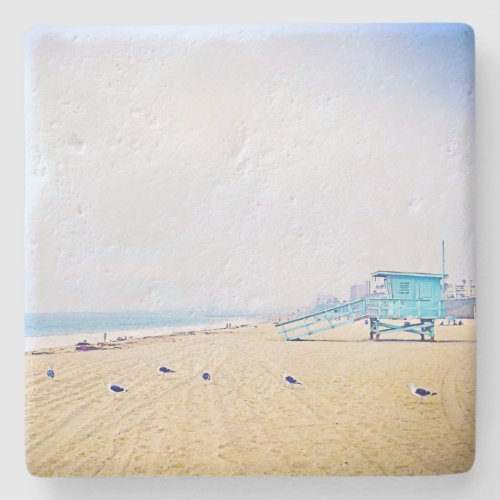 California beach ocean seagulls lifeguard booth stone coaster