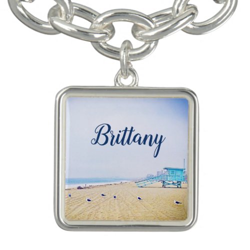 California beach ocean seagulls sand custom name charm bracelet