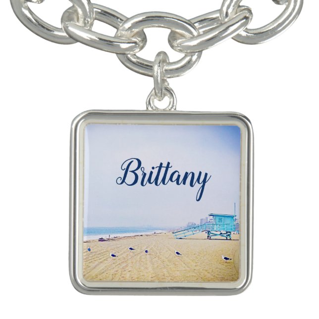 California beach ocean seagulls sand custom name charm bracelet (Design)