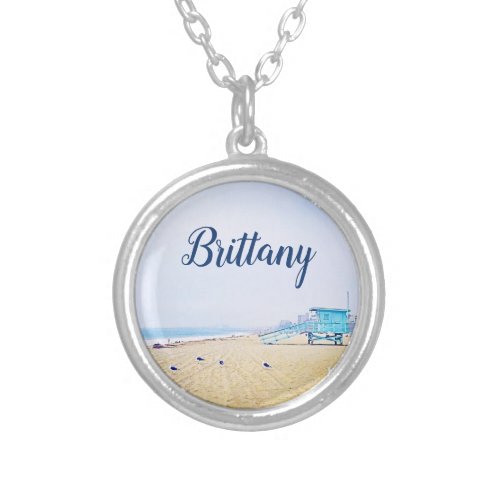 California beach ocean seagulls sand custom name silver plated necklace