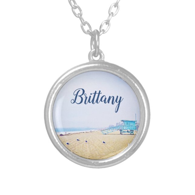 California beach ocean seagulls sand custom name silver plated necklace (Front)