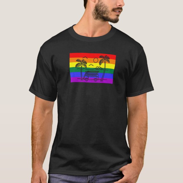 California Beach Palm Tree Van Lgbtq Gay Pride Fla T-Shirt (Front)