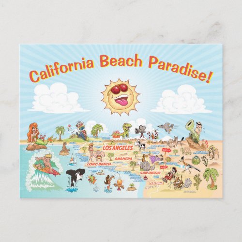 California Beach Paradise Cartoon Postcard