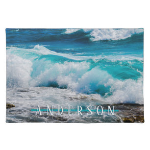 California Beach, Teal Waves, White Name, Message Cloth Placemat