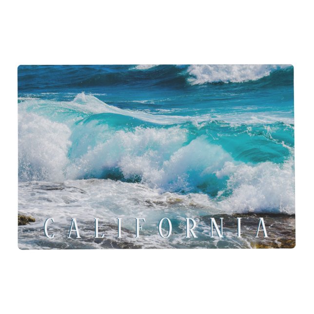 California Beach, Teal Waves, White Text Placemat (Front)