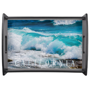 California Beach, Teal Waves, White Text Serving Tray