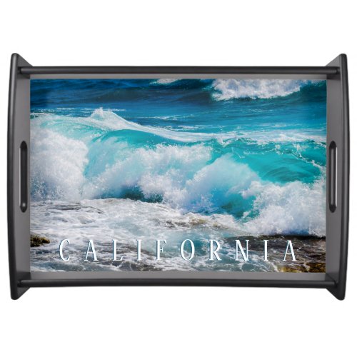California Beach Teal Waves White Text Serving Tray