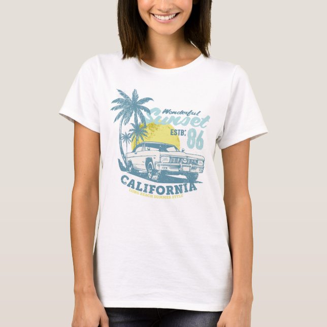 California Beach Vibes Sunset & Car T-Shirt (Front)