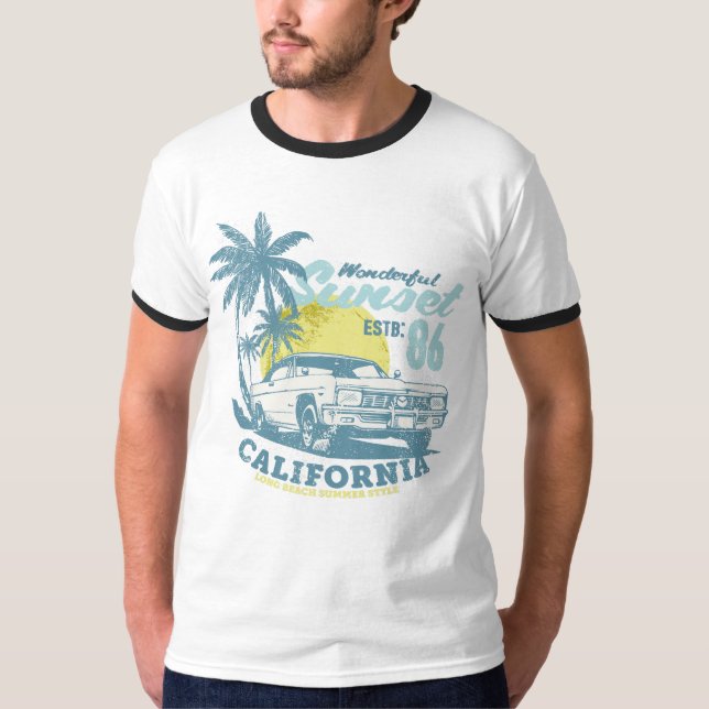California Beach Vibes Sunset & Car T-Shirt (Front)