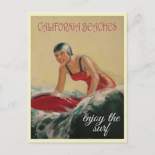 California Beach Vintage Travel Surfer Postcard