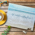California Beach Waves Life Is Better In Flip Flop Jigsaw Puzzle<br><div class="desc">“Life is better in flip flops.” Relax as you remember watching the waves go in and out. Breathe, explore, and enjoy the solitude of an empty California beach whenever you work on this stunning, pastel blue and white ocean froth photography jigsaw puzzle. Makes a great gift! Comes in a special...</div>
