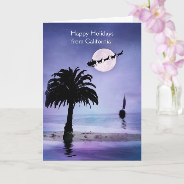 California Beach with Santa and Sleigh Holiday Card (Orchid)