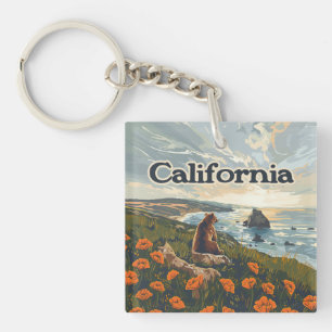 California Bear Poppies Flowers Coast Retro Keychain