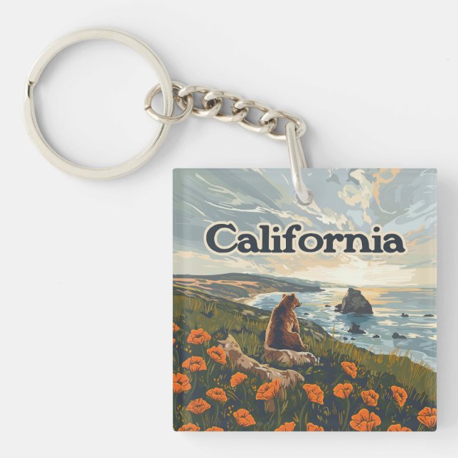 California Bear Poppies Flowers Coast Retro Keychain (Front)