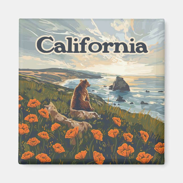 California Bear Poppies Flowers Coast Retro Magnet (Front)