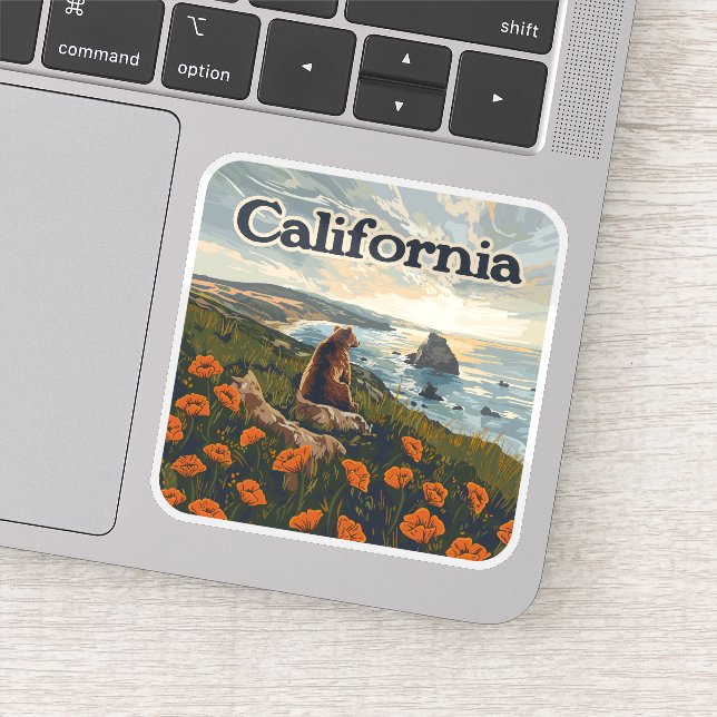 California Bear Poppies Flowers Coast Retro Sticker (Detail)