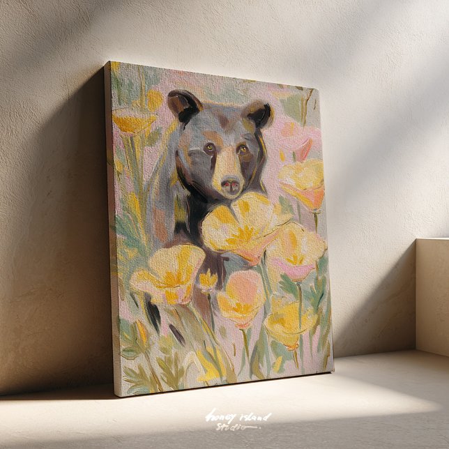 California Bear with Poppies & Wildflowers Art Pri Canvas Print (california bear, poppy art print, state flower art, wildflower decor, california art, botanical wall)