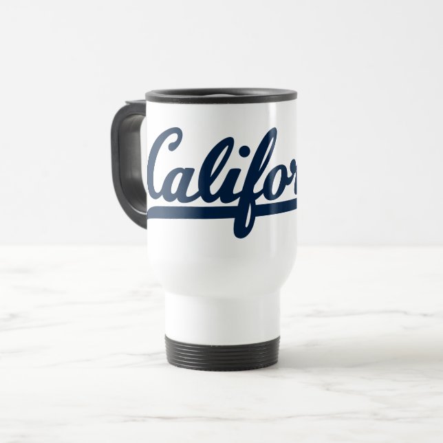 California Blue Script Travel Mug (Front Left)