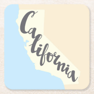 California Brush Lettering With Silhouette Map Square Paper Coaster