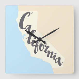 California Brush Lettering With Silhouette Map Square Wall Clock