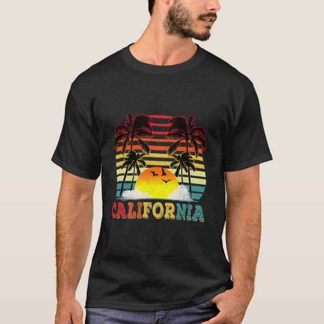 California Ca 70'S Palm Trees Surfing T-Shirt (Front)