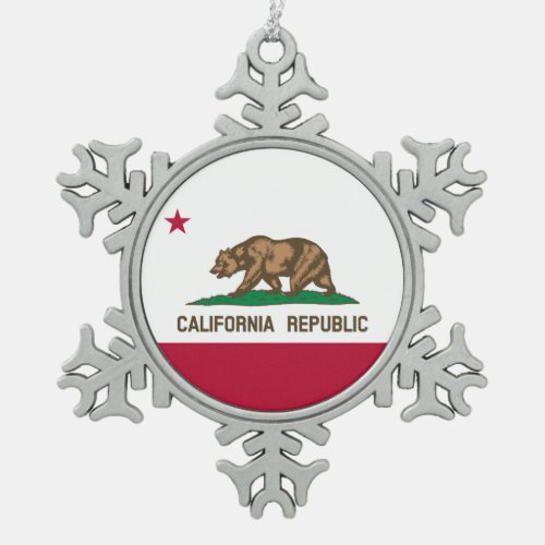 California Cali Republic Bear Flag US States Snow Snowflake Pewter Christmas Ornament