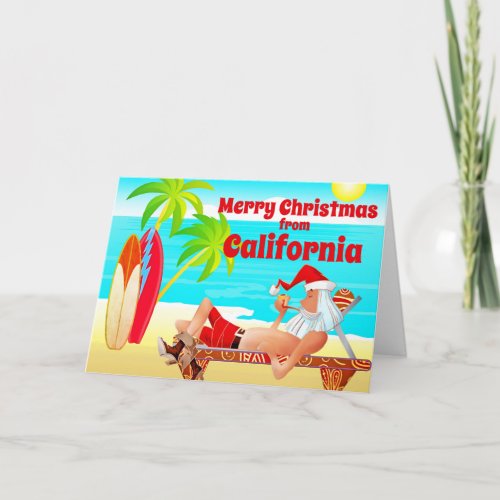 California Christmas Santa and Surfboards Beach Holiday Card