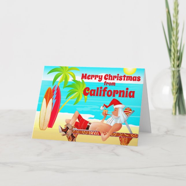 California Christmas Santa and Surfboards Beach Holiday Card (Front)