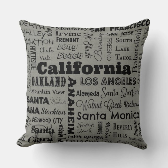 California cities typography pillow in grey/black (Front)