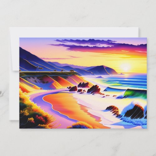California Coastline Sunset Watercolor  Card