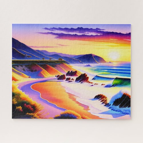 California Coastline Sunset Watercolor  Jigsaw Puzzle