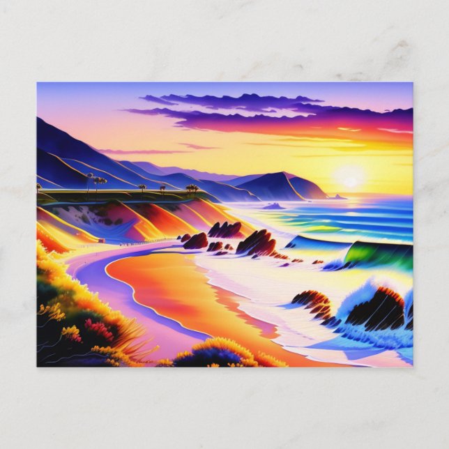 California Coastline Sunset Watercolor  Postcard (Front)