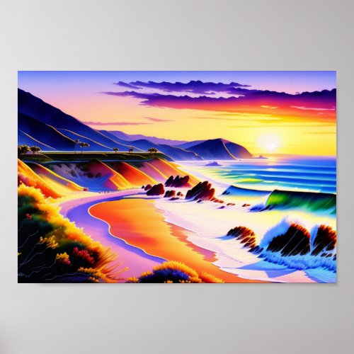 California Coastline Sunset Watercolor Poster