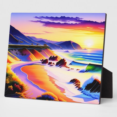 California Coastline Sunset Watercolor Tabletop Plaque