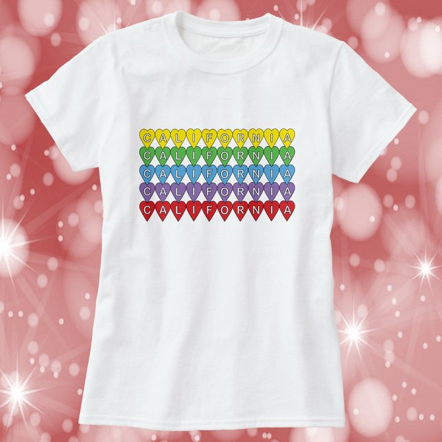 California Colorful Hearts Pattern T-Shirt (A shirt with the word California in yellow, green, blue, purple and red hearts)