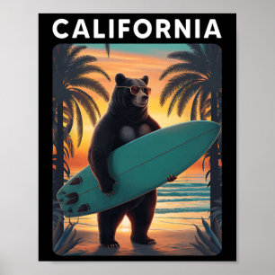 California Cool Republic Bear Surfing Beach Califo Poster
