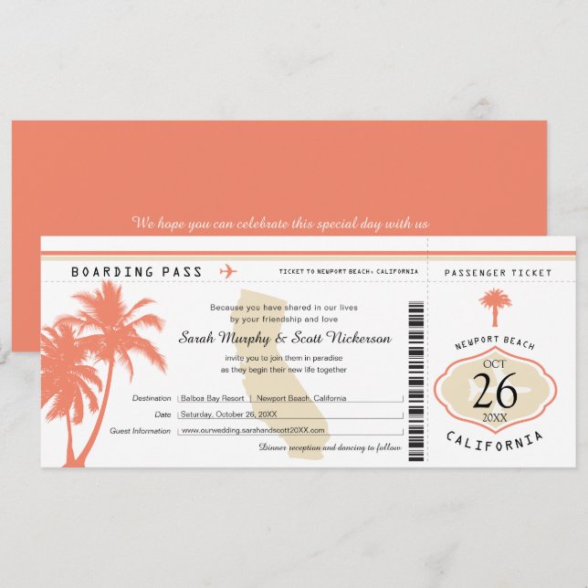 California Coral Palm Tree Boarding Pass Wedding Invitation (Front/Back)