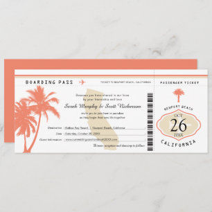 California Coral Palm Tree Boarding Pass Wedding Invitation