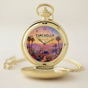 California Desert Music Festival Sunset Palm Trees Pocket Watch