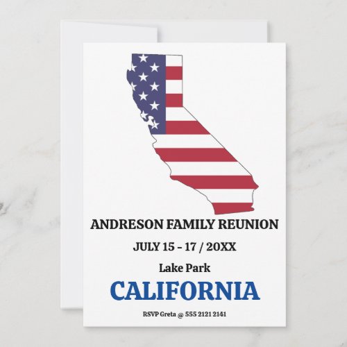 CALIFORNIA FAMILY REUNION STATE MAP USA Flag Invitation