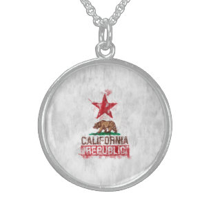 California Flag Bear in Painterly Style Sterling Silver Necklace