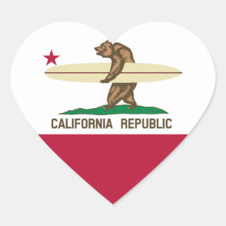 California Flag Surfer Bear Heart Shaped Sticker