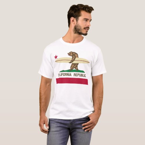 California Flag Surfing Bear Mens Graphic T_Shirt