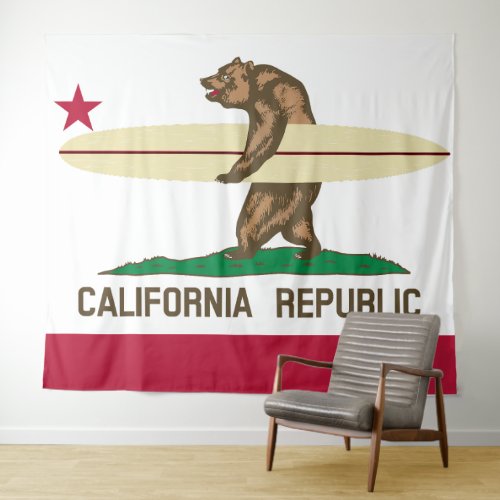 California Flag Surfing Bear Tapestry