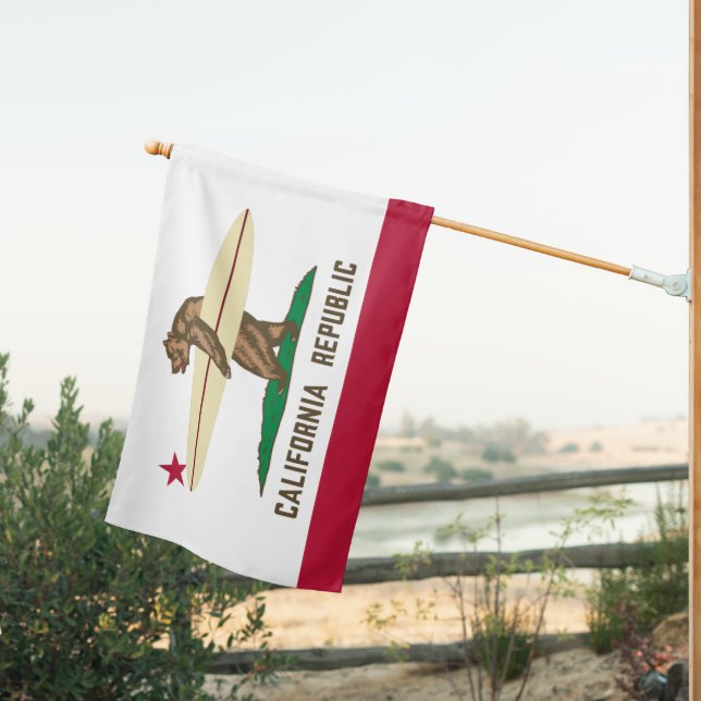 California Flag with Surfing Bear | Outdoor Flag (Insitu (Back))